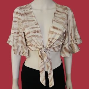 SURF GYPSY Striped Satin Bell Sleeve Tie-Front Halter Crop Wrap Baddie Top